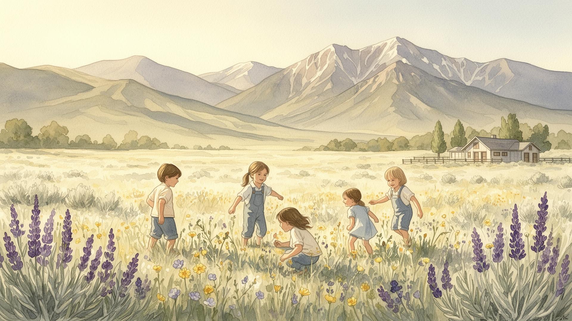 Children exploring a wildflower meadow with Nevada mountains